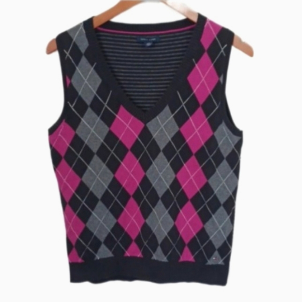 Women’s Argyle V-Neck Sweater Vest - Pink & Gray